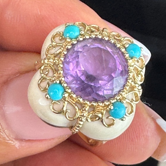 14K Yellow Gold Bezel Amethyst Turquoise and Quatrefoil White Agate Ring S 6.5 - Picture 9 of 16